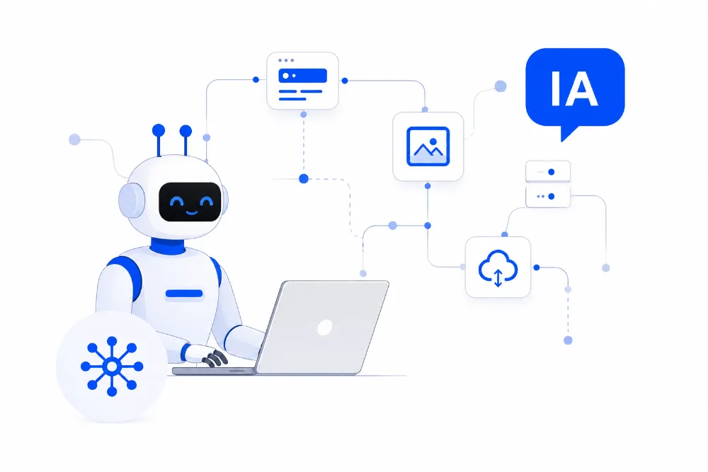 Ilustración de un robot con laptop conectado a procesos automatizados e inteligencia artificial