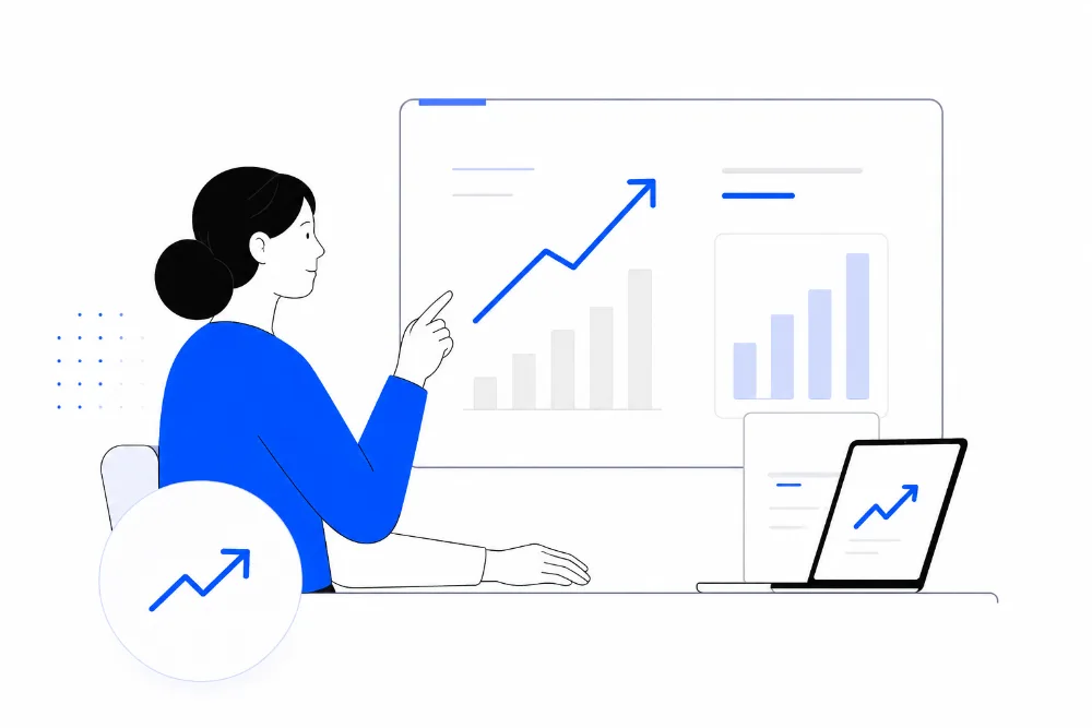Ilustración de una persona señalando un gráfico de crecimiento comercial ascendente