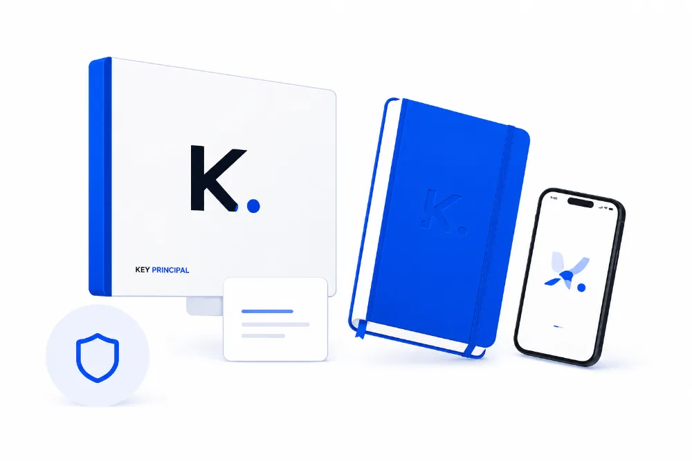 Mockups de identidad de marca con el logo K. de Key Principal en pantalla, libreta y celular